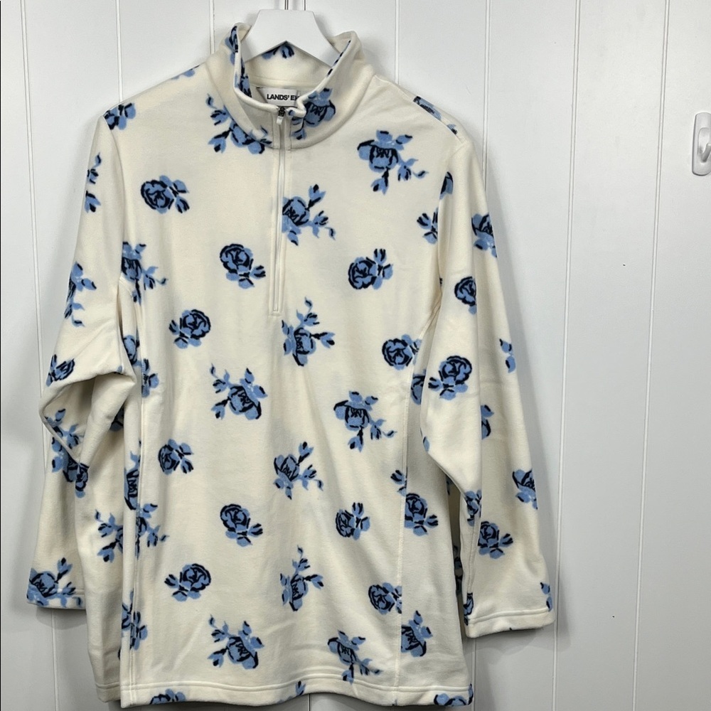 Lands' End Womens 1/4 Zip Fleece Jacket 2X White Blue Floral Print 100% Poly NWT